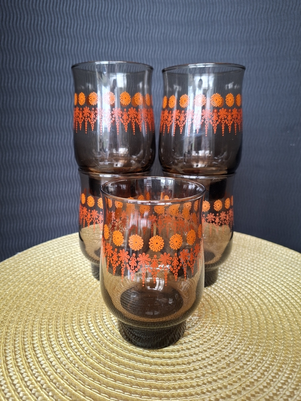 Vintage Dominion Glass Set of 5 Amber Tumblers Orange Floral 70s Canadian Glass
